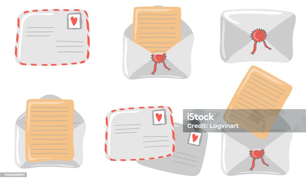 Letter Post Envelope Vector Set Of Mail Envelopes Post Cards Envelopes Post Stamps Craft Paper ...