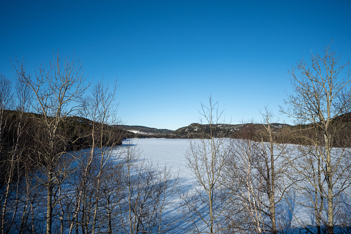 Lake and mountains in winter on the north shore of the St. Lawrence River