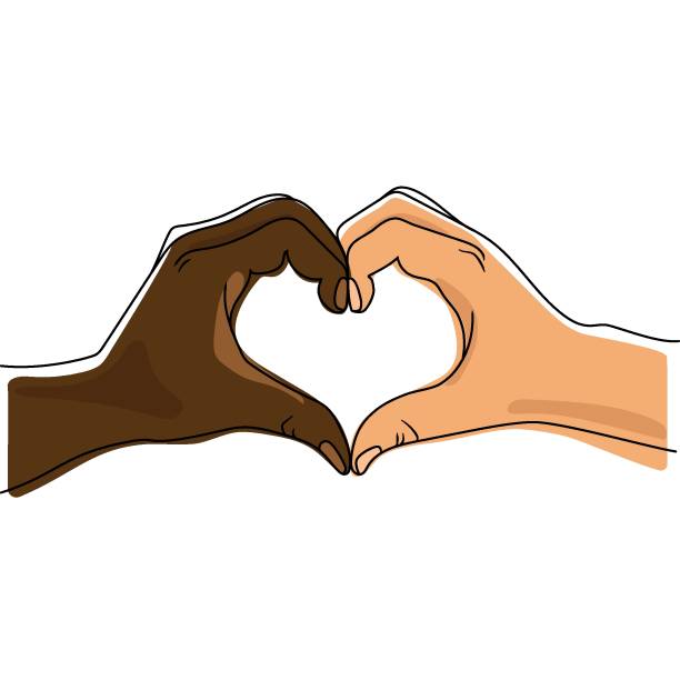Web African black and Caucasian white skin color hands make a heart together vector graphics.Multinational heart shaped hands Symbol of equality unity partnership peace help support.Zero Discrimination heart hands multicultural women stock illustrations