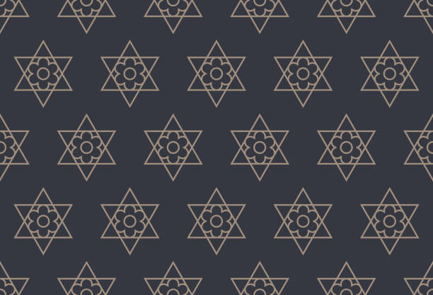 Hebrew minimalistic seamless pattern with Jewish star and flower outline style vector illustration Hebrew minimalistic seamless pattern with Jewish star and flower outline style vector illustration magen david adom stock illustrations