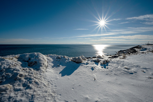 View of the St. Lawrence River in winter on the North Shore