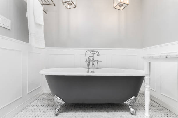 istock A bathroom's clawfoot tub on marble tiles. 1456571198