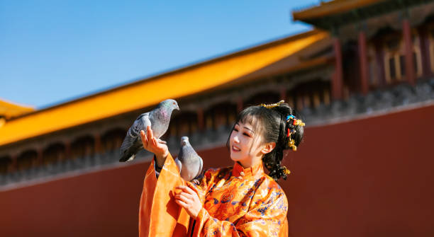 istock An ancient Chinese woman playing with birds 1456571244