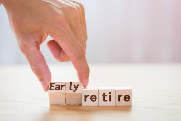 istock Hand man tuning wooden cube with wording early retire, Monney saving concept 1456571324
