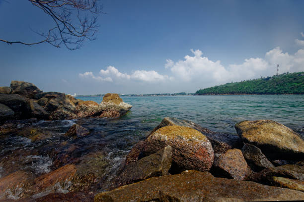 istock sea landscape with rocks in foreground under blue sky with distance mountain range 1456572155