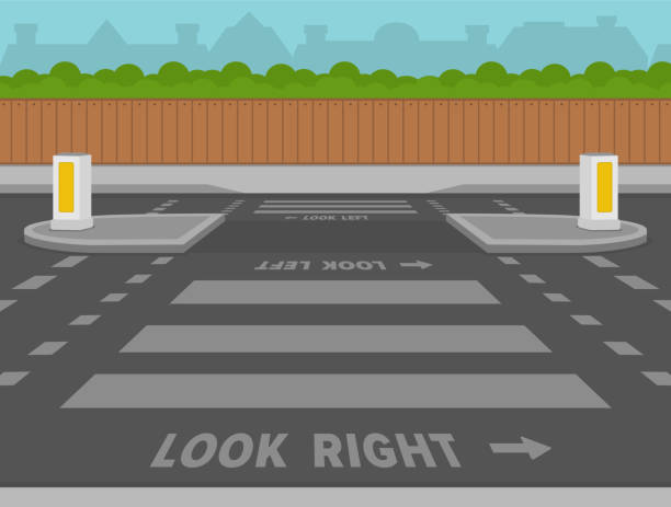 Zebra crossings with a central island. Look right, look left sign for pedestrian. Left-hand traffic street view. Zebra crossings with a central island. Look right, look left sign for pedestrian. Left-hand traffic street view. Flat vector illustration template. street post stock illustrations