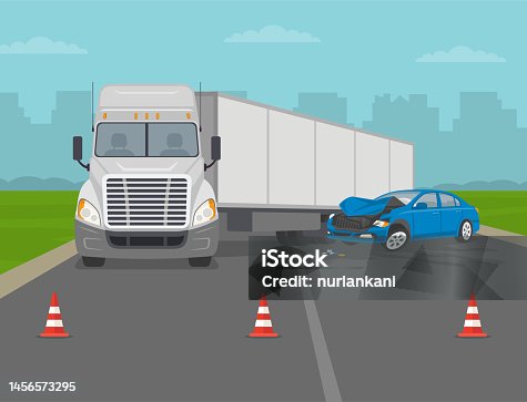 istock Expressway traffic accidents involving truck. Crashed sedan car on country road. Semi-truck driver causes crash. 1456573295