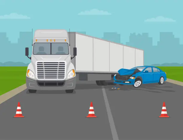 Vector illustration of Expressway traffic accidents involving truck. Crashed sedan car on country road. Semi-truck driver causes crash.