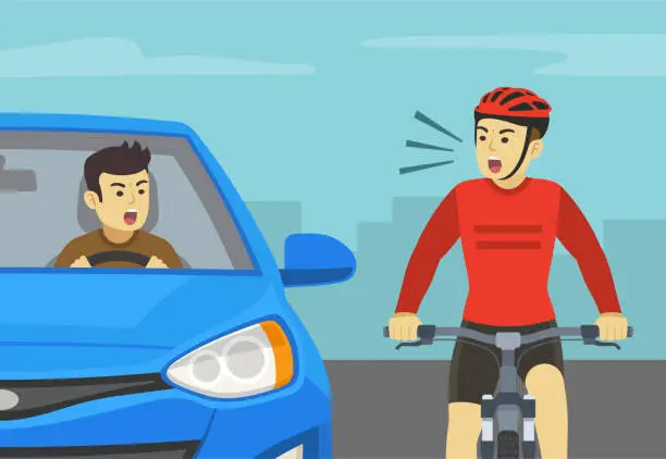 Vector illustration of Aggressive and angry male driver is yelling to cyclist. Road rage between cyclist and sedan car driver.
