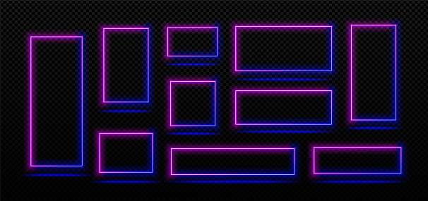 Rectangle neon light frames, empty blue and pink banners isolated on transparent background. Collage of night club or casino electric signboards with glowing borders, vector realistic set
