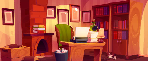 Writer cabinet with typewriter, crumpled papers Writer cabinet with typewriter, crumpled papers in bin, bourbon bottle, paper stack and lamp on wooden desk. Cozy vintage author room with fireplace, woods and bookcase, Cartoon vector illustration crumbled piles of paper desk stock illustrations