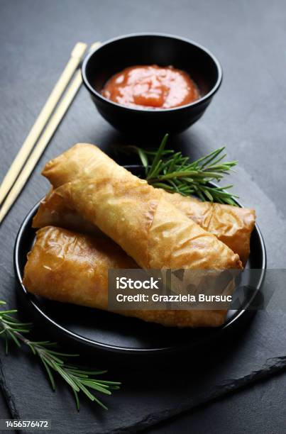 Fried Spring Rolls Stock Photo - Download Image Now - Appetizer, Chili Sauce, Chinese Culture