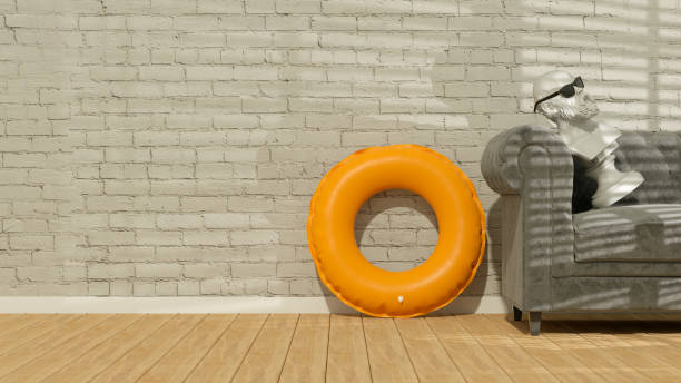 istock Inflatable Ring in Room with Empty Brick Wall and Sunlight, Summer Background 1456576479