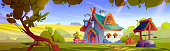 istock Cartoon fairy tale house against green landscape 1456577904