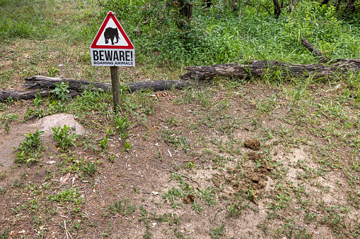 Afsaal Picnic Site, Kruger Park, South Africa - December 4th 2022: Sign warning tourists for the wild elephants in the park