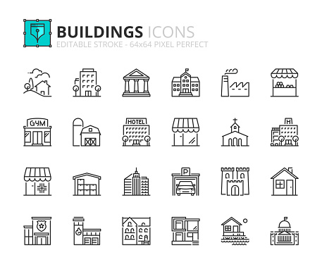 Outline icons about buildings. Architecture. Contains such icons as modern and classical house, school, store, bank, police, fire station, hospital. Editable stroke Vector 64x64 pixel perfect