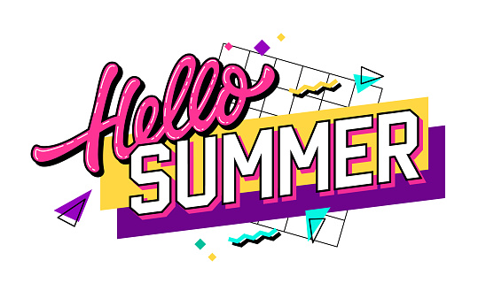 istock Vibrant image with a 90s-inspired lettering featuring the phrase - Hello Summer - in bold, bright colors. The background features geometric shapes in a contrasting color palette. 1456582062