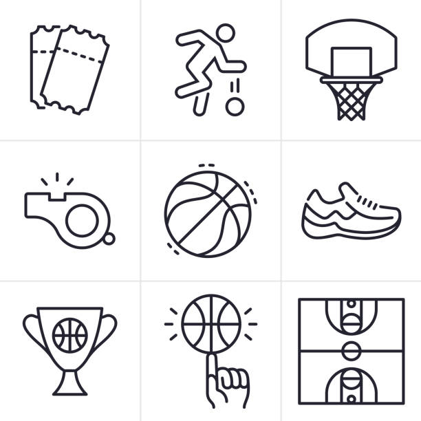 ilustrações, clipart, desenhos animados e ícones de ícones e símbolos da linha de basquete - basketball hoop illustrations