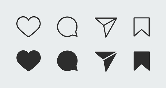 Set of social network icons. Like, comment, share, save. Flat line art symbols