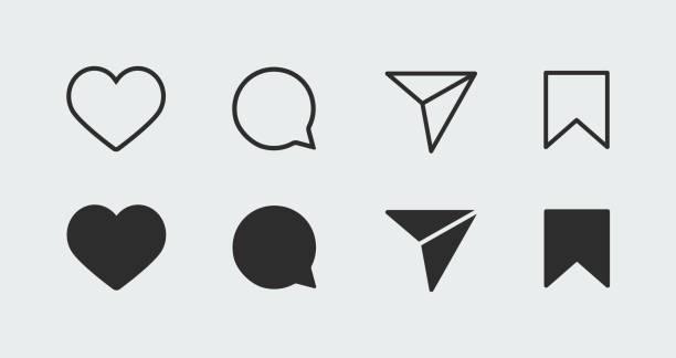 Set of social media icons. Flat line art Set of social network icons. Like, comment, share, save. Flat line art symbols heart shape stock illustrations