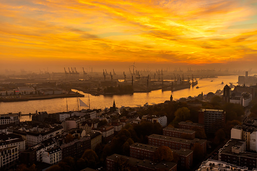 Shipyard in Hamburg at sunset