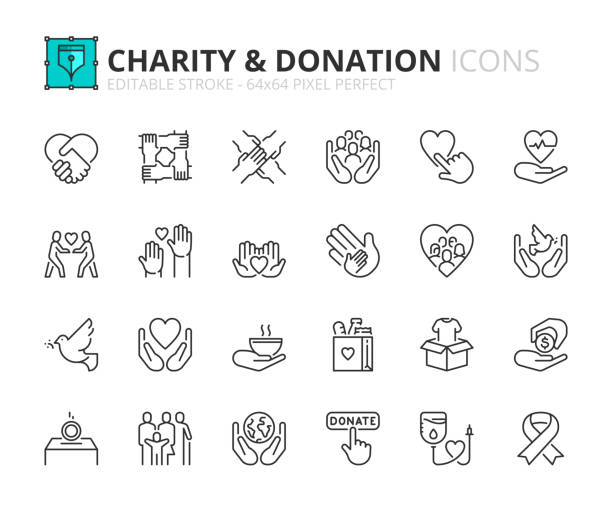 ilustraciones, imágenes clip art, dibujos animados e iconos de stock de conjunto simple de iconos de contorno sobre caridad y donación. - ayudar a otros