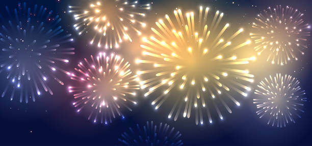 панорама праздничного торжества с дизайном фона фейерверка. - firework display pyrotechnics building exterior design stock illustrations