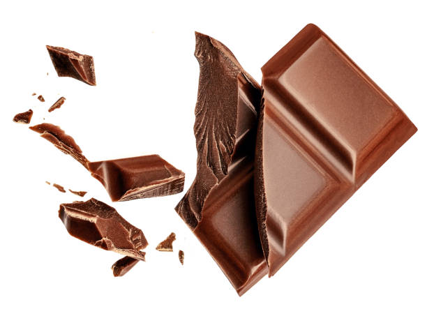 istock  Levitating milk chocolate chunks isolated on white background. Flying Chocolate pieces, shavings and cocoa crumbs Top view. Flat lay 1456585413
