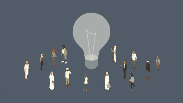 Vector illustration of Muslim people around light bulb