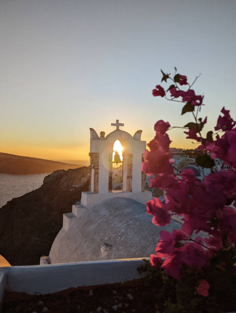 istock Oia sunset with flowers 1456588772