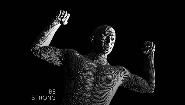 istock Champion raising both hands in the air as a true winner. Victory and freedom. Strong man raising hands up. Sport symbol. Leadership or workout bodybuilding concept. Voxel art. Vector illustration. 1456589575