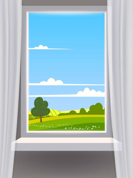 Window view interior, farm, rural summer landscape, country nature Window view interior, farm, rural summer landscape, country nature. Vector illustration template isolated france village blue sky stock illustrations