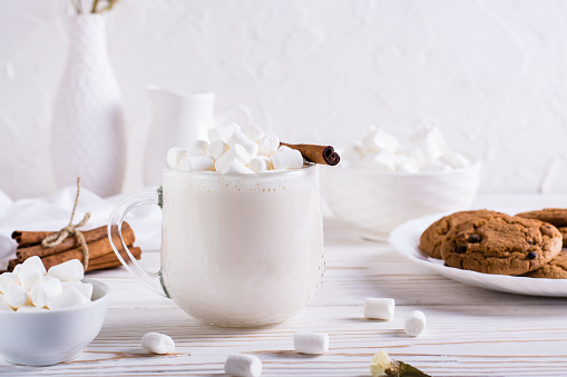 Warm cocoa with marshmallows and cinnamon in a cup and a plate of oatmeal cookies on the table. Comfort food.