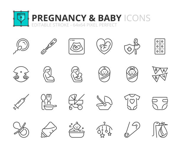 kumpulan ikon garis besar sederhana tentang kehamilan dan bayi. - stroller car seat ilustrasi stok