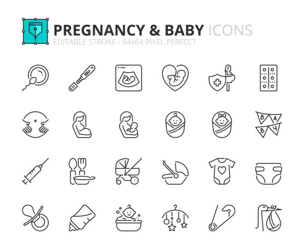 ilustrações de stock, clip art, desenhos animados e ícones de simple set of outline icons about pregnancy and baby. - pregnant animal