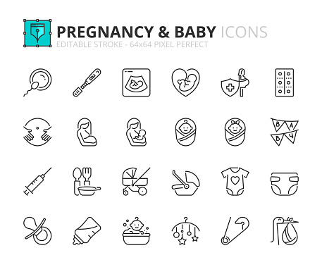 Outline icons about pregnancy and baby. Contains such icons as baby boy, baby girl, pacifier, breastfeeding, clothes, room, feeding bottle and stroller. Editable stroke Vector 64x64 pixel perfect