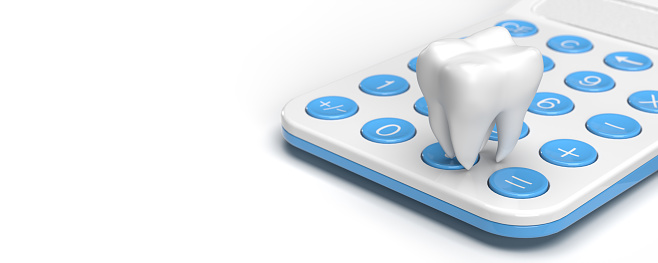 Dental teeth implant over calculator for hospital expenses on blank white background, copy space. Cost oriented healthcare insurance illustration design. Medical expenses and education concept in 3D render.