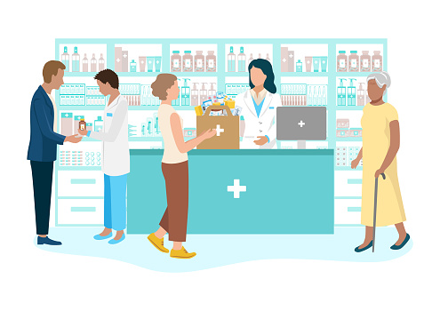 Customers in a pharmacy talk to a pharmacist and buy medicines. Pharmacy shelves are filled with vials of medicines, pills, capsules and medical supplies. Vector illustration.