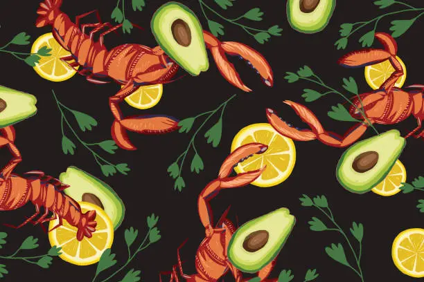 Vector illustration of Lobster, lemon and avocado background