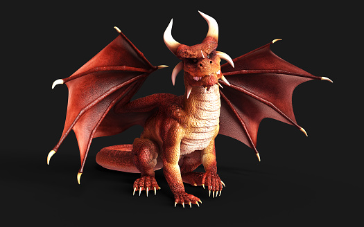 3d illustration of a red fantasy dragon posing isolated on black background with clipping path.