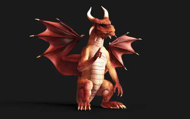 3d illustration of a red fantasy dragon posing isolated on black background with clipping path.