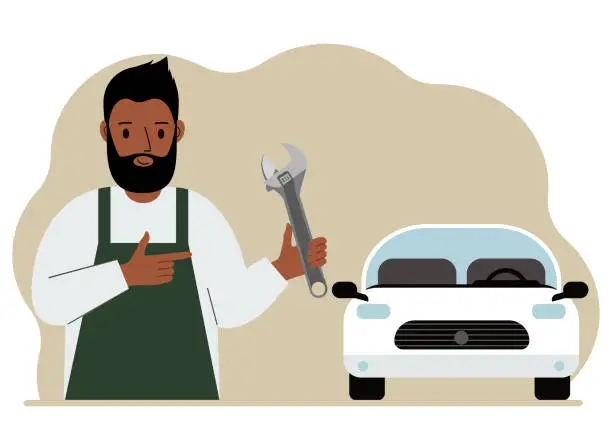 Vector illustration of Auto mechanic in a car workshop near a white car. A man holds a wrench in his hand. Car repair concept. Poster, advertisement, banner.