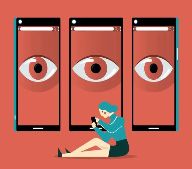 Vector illustration of Spying Smart Phone - Businesswoman