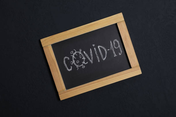 istock Blackboard with word Covid19 on black background, top view 1456606760