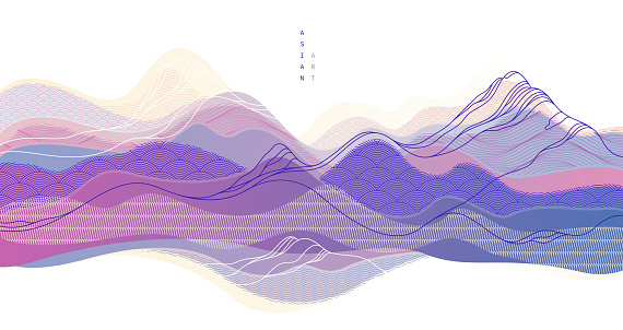 Oriental Japanese style vector abstract illustration, background in Asian traditional style, wavy shapes and mountains terrain, runny like sea lines.