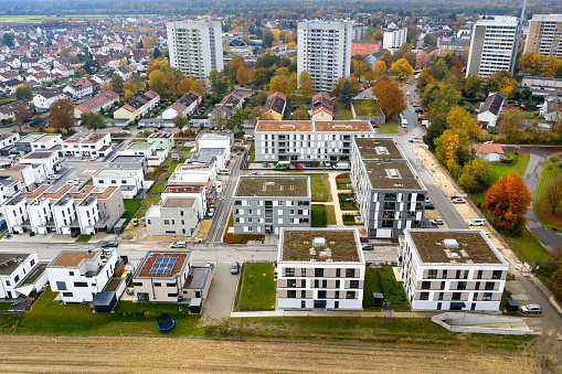 Aerial, autumn landscape with a new housing development.