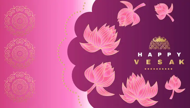 Vector illustration of Happy Vesak Day   Budha Purnima Background With Budha Statue Silhouet  Pink Lotus,   Budhaism Celebration, Budha's anniversary, Waisak  Buddha Purnima Background. Vector Illustration