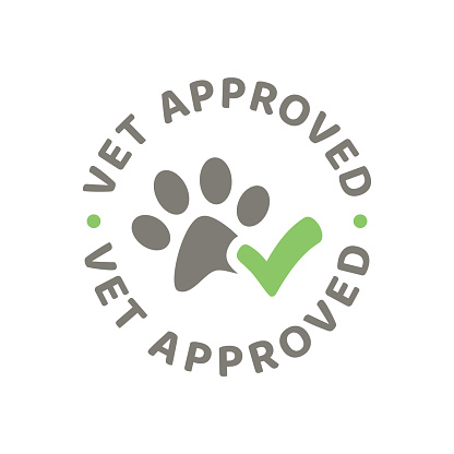 Veterinarian ok with checkmark and dog paw print label