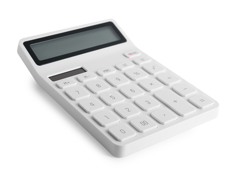 Modern calculator on white background. School stationery