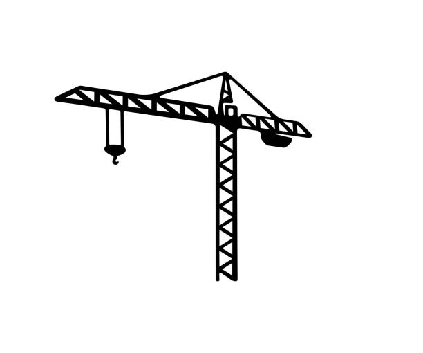Tower crane in construction site, construction cran and crane, graphic design. Construction, building and constructing, vector design and illustration Tower crane in construction site, construction cran and crane, graphic design. Construction, building and constructing, vector design and illustration winch cable stock illustrations
